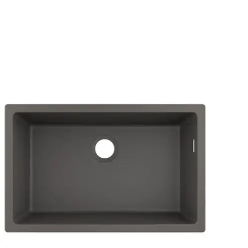 Unterbauspüle in Steingrau von Hansgrohe mit rechteckigem Design und einem mittigen Ablaufloch. Schlichte Oberfläche ohne sichtbare Armaturen oder Zubehörteile.